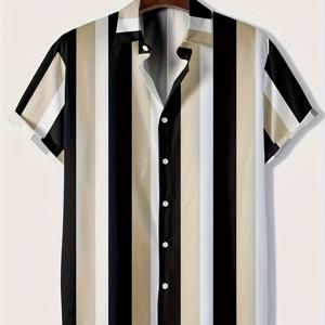 TEMU 남성용 캐주얼 셔츠 - 네이비 블루 & 화이트 수직 줄무늬, 클래식 칼라 반팔 버튼업, 가벼운 여름용 비치웨어 및 오피스웨어, 비침 방지 원단