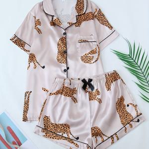 TEMU 샤넬 프린트 여성용 파자마 세트, 턴오버 칼라 포함