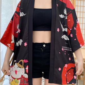 TEMU 중국 빈티지 귀여운 학문적 스타일 행운의 고양이 카디건 기모노 재킷 여름 해변 비키니 커버업 의류