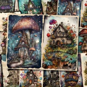 TEMU 환상적인 판타지 숲 스크랩북 용지 10장 - 마법의 버섯 오두막, 요정 집 & 생생한 색상의 빛나는 버섯으로 장식된 쥬크 저널, 콜라주 아트, 카드 만들기, DIY 공예 프로젝트, 저널 장식용 | 버섯 속의 집들 | 컬러풀한 종이