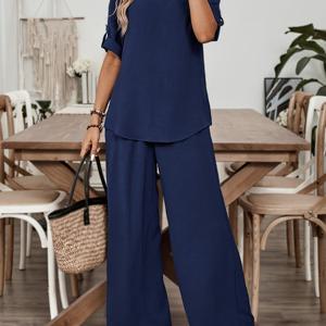 TEMU 여성용 단색 V넥 여름 상의 & 긴 바지 캐주얼 투피스 세트