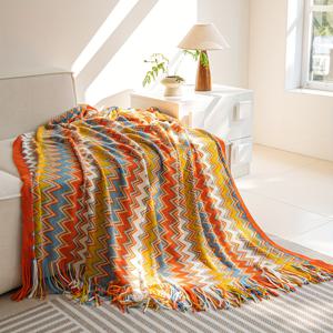 TEMU 빈티지 보헤미안 니트 스로우 블랭킷 - 기하학적 패턴과 술 장식 - 양면, 올 시즌, 기계 세척 가능, 다목적 100% 폴리에스테르 소파 커버 - 침실, 거실, 기숙사 장식, 휴일 선물 - 1PC