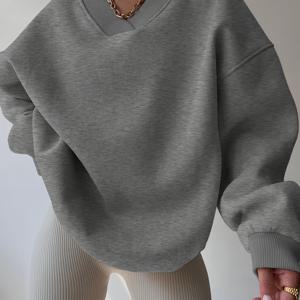 TEMU 드롭 숄더 풀오버 스웨트셔츠, 가을과 겨울을 위한 캐주얼 롱 슬리브 브이넥 스웨트셔츠, 여성 의류