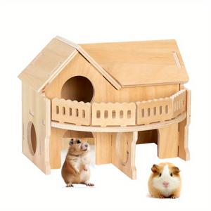 TEMU 2단 나무 햄스터 장난감 하우스 - 소형 애완동물을 위한 아늑한 숲 모양 지대, 햄스터 및 기니피그에게 적합한 튼튼한 원목 하우스