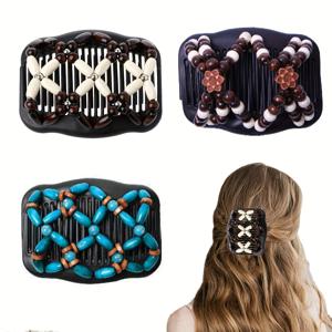 TEMU 3개 탄성 이중 빗 헤어 클립, 여성용 매직 사이드 빗, 조절 가능한 탄성 헤어핀, 비즈 묶음 머리, 주름 없음, 풍성한 웨이브 머리 포니테일 액세서리, 여성들을 위한 완벽한 선물.