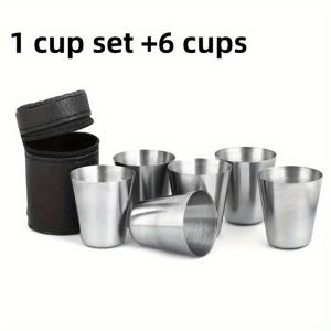 TEMU 6컵 + 1컵 슬리브, 1.01oz 휴대용 스테인리스 스틸 컵 세트, 야외 여행 및 파티용, 소형 위스키 글라스, 물컵, 커피컵