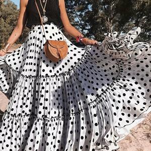 TEMU 여성용 우아한 스페셜 라인 하이웨이스트 맥시 스커트 - 도트 프린트 & 플리츠 디자인, 풀 길이 루즈핏 스커트, 웨딩, 파티, 사계절 착용 가능 (논스트레치), 세탁기 사용 가능