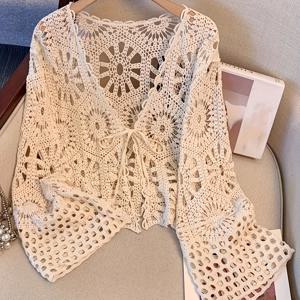 TEMU 스타일 홀로우 아웃 자수 가디건 패션 블라우스