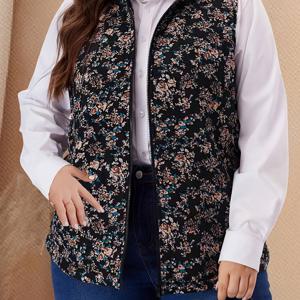 TEMU 여성용 우아한 플러스 사이즈 플로럴 조끼 - 민소매, 오픈 프론트, 세탁기 사용 가능 - 가을 & 겨울에 완벽함