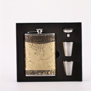 TEMU 스테인리스 스틸 플라스크 세트, 가죽 물병, 와인 컵, 깔때기 포함 휴대용 선물 상자. 야외 활동 또는 가정에서 사용하기 편리하며, 용량은 약 224 밀리리터 (8온스)입니다.