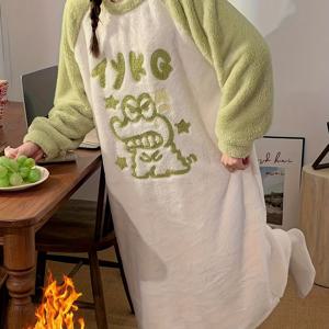 TEMU 여성용 캐주얼 파자마 드레스, 따뜻한 두꺼운 긴팔 카툰 라운드넥 편안한 가을 겨울 수면복|잠옷|여성원피스|나시원피스