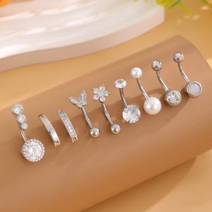 TEMU 여성을 위한 9개 스테인리스 스틸 클래식 배꼽 피어싱 링 세트, 나비꽃 인레이 및 인조 지르코니아가 있는 베이직 스타일, 반달형 리버스 바 벨리 피어싱 주얼리, 데일리용