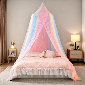 TEMU 1개 공주 돔 무지개 모기장 컬러풀 침대 캐노피 야외 모기장 밀도 높은 대형 돔 천장 침대 커튼 로맨틱 테마 더블 베드 모기장 - 우아한 레이스 침대 커버, 손세탁 가능한 폴리에스터, 방 및 홈 장식에 적합
