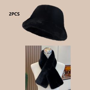 TEMU 2pcs 세트 여성용 모피 버킷 모자 및 스카프, 폴리에스테르 100%, 판타지 주제, 가벼움, 스트레치되지 않음, 니트 공예, 버클 클로저, 손세탁 가능, 크리스마스 행사, 겨울 패션 따뜻함|벙거지모자