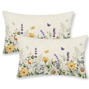TEMU 라벤더 유칼립투스 나비와 야생화 디자인의 리넨 봄 베개 커버 2개 세트, 소파용 장식 쿠션 커버, 아웃도어 데코, 팜하우스 스타일, 지퍼 클로저, 기계 세탁 가능(단면, 베개 삽입 불가)
