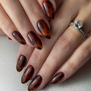 TEMU 24개 재사용 가능한 아몬드 모양 프레스온 네일 - 중간 길이, 광택 있는 거북이껍질 갈색과 대리석 패턴, 가을 네일 아트에 완벽