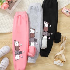 TEMU 3개 여성용 포근한 만화 고양이 프린트 조거 팬츠 - 가을/겨울 파티 및 선물용 따뜻하고 편안한 폴리에스터 스웨트팬츠, 신축성 있는 허리밴드, 세탁기 사용 가능, 조깅용 바지, 야외 활동에 완벽