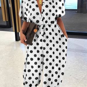 TEMU 여성용 우아한 포카 도 조거 롤러, 100% 폴리에스터, 올 시즌 라펠 칼라, 버튼 디테일, 직조 직물, 120g/m² - 성인용으로 완벽합니다