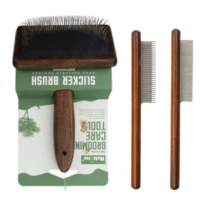 TEMU 3개 강아지 그루밍 브러쉬 세트, 튼튼한 나무 손잡이 및 스테인리스 스틸 핀 빗 포함 – 강아지 및 고양이를 위한 전문가용 엉킴 제거 및 털갈이 도구, 충전 불필요, 일상적인 사용을 위한 내구성 있는 애완 동물 관리 빗