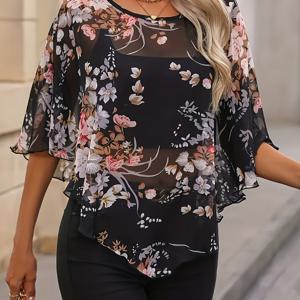 TEMU 여성용 비대칭 플로럴 프린트 블라우스, 우아한 라운드넥 여름 의류
