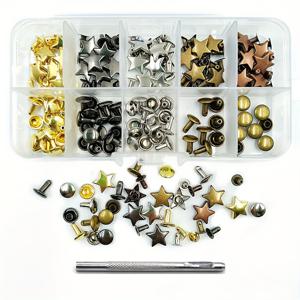 TEMU 90세트 인조 가죽 리벳 세트 홀 펀치 도구, 8mm 메탈 라운드 리벳 40세트 및 12mm 스타 리벳 50세트, 인조 가죽 공예 신발 가방 벨트 의류 팔찌 장식 DIY 수리 도구