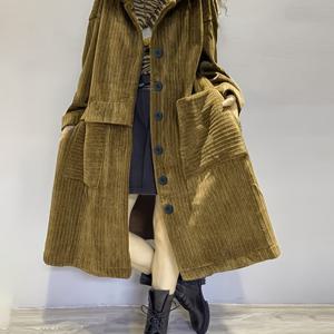 TEMU 여성용 루즈핏 일본식 미디엄 코듀로이 따뜻한 코트, 롱 싱글버튼 트렌치 코트