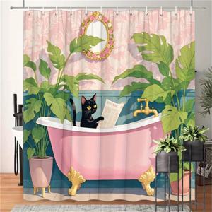 TEMU 1pc 우아한 검은 고양이, 발톱 욕조 샤워 커튼 - 아늑한 열대 식물 디자인, 12개의 후크가 있는 세탁 가능한 폴리에스터, 70.8x70인치, 욕실 장식에 이상적, 욕실 장식 커튼 | 재미있는 고양이 디자인 | 내구성 있는 샤워 커튼, 고양이 팬 시크릿