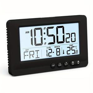 TEMU 거실 및 침실 장식용 대형 LCD 듀얼 알람 시계, 달력 및 온습도 모니터, 백라이트 디스플레이, 내구성 있는 플라스틱 직사각형 디자인 (AAA 배터리 미포함) - 1개