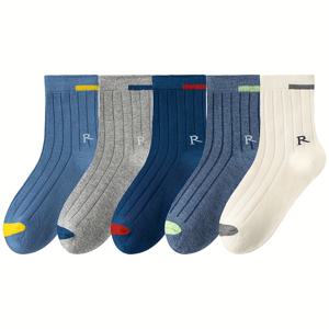 TEMU MIANZHI 남아용 미드 카프 양말 5켤레, 신상 봄/여름 스포츠 양말, 통기성 좋은 단색 레터 트렌디 양말, 데일리룩에 적합