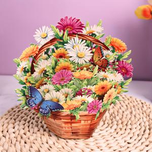 TEMU 데이지 바스켓 팝업 인사말 카드 1개와 봉투 - 데이지, 장미 및 나비가 있는 생동감 넘치는 꽃 디자인 - 어머니의 날, 생일, 기념일 및 봄 축하 행사에 완벽함 - 이상적인 홈 데코 또는 파티 선물