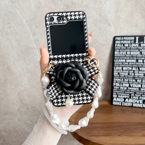 TEMU 갤럭시 Z 플립 6/5/4/3용 새로운 3D 플로랄 하운드투스 접이식 휴대폰 케이스 (손목 스트랩 포함)