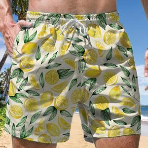 TEMU 남성용 빠른 건조 비치 반바지, 화려한 레몬 슬라이스 프린트 - 가벼운 폴리에스터, 끈 허리, 신축성 있는 허리밴드, 포켓, 여름 해변 및 수영장 활동에 완벽, 수영장 액세서리 | 레몬 패턴 쇼츠 | 매끄러운 질감
