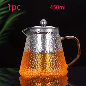 TEMU 스테인리스 스틸 인퓨저가 있는 1개 망치질 유리 찻주전자 - 450ml/600ml, 고온 저항성, 두꺼운 디자인으로 꽃차 및 루즈 리프 차 사용에 적합 - 가정, 레스토랑, 호텔 또는 사무실용 완벽한 티 액세서리