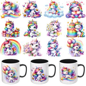 TEMU UV DTF 컵 랩-12개 세트 귀여운 유니콘 UV DTF 전사지, 머그컵, 유리잔, 테이블, 의자, 컴퓨터용, 고점도 UV DTF 전사 랩