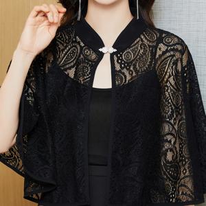 TEMU 여성용 경량 레이스 숄 가디건 - 빈티지 스타일 반투명 오픈 프론트 케이프와 스탠드업 칼라, 봄/여름 결혼식 및 저녁 외출 및 캐주얼 활동을 위한 짧은 A라인 우산 밑단