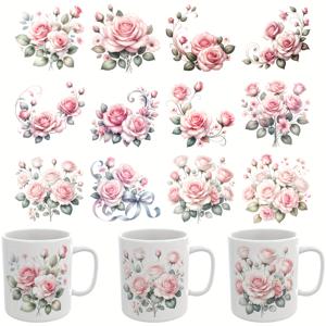 TEMU UV DTF 전사 용지 - 핑크 로즈 UV DTF 컵 포장 12개입, 머그, 유리, 노트북, 컴퓨터, 테이블, 의자에 적합, 창의력 향상, 높은 점도 UV DTF 컵 전사 용지 (머그 포함 안됨)