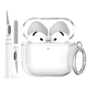 TEMU 에어팟 4 & 프로 2용 클리어 노란변색 방지 케이스 - 소프트 TPU 커버, 청소 키트 및 무선 충전 포함