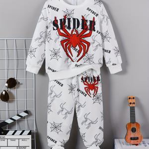 TEMU 남아 봄과 가을 캐주얼 거미와 문자 프린트 스웨트셔츠 라운드 넥 긴팔 상의 + 탄성 허리 바지 스웨트 팬츠 투피스 세트, 야외용