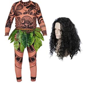 TEMU 마우이 타투 코스튬 세트 (티셔츠, 바지, 가발 포함) - 하와이안 트라이벌 역할극 의상, 성인용, 남녀공용, 테마 파티, 이벤트 - 세탁기 사용 가능한 하와이안 타투 디자인 세트|티셔츠|남자옷