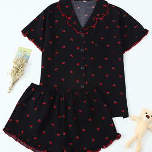 TEMU 여성용 체리 프린트 반팔 반바지 로투스 칼라 파자마 세트