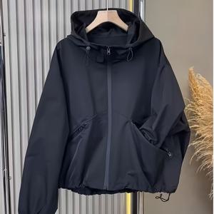 TEMU 여성용 블랙 후드 재킷 (2025년 봄/가을), 루즈핏, 드로스트링, 더블 지퍼, 스타일리시한 카고 디자인