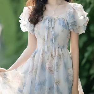 TEMU 1피스 여성 프렌치 빈티지 플로럴 A라인 드레스 - 반팔 스퀘어넥 지퍼백 여름 드레스, 플레어드 밑단, 세탁기 사용 가능 미디 길이 웨딩 게스트 드레스, 파티, 브런치 및 특별한 날을 위한 드레스