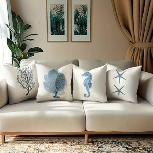 TEMU 4pcs 빈티지 오션 트레저스 스퀘어 베개 커버, 세련된珊瑚 해마 별어류 디자인, 기계 세탁 가능한 폴리에스터, 지퍼 클로저, 거실, 해안가 홈 데코용 장식 베개 커버