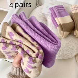 TEMU 여성용 가을/겨울용 두꺼운 플리스 보라색 하트 패턴 중간 길이 양말 4켤레