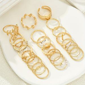 TEMU 24개 러브 리프 플라워 홀아웃 기하학적 웨이브 라인스톤 페이크 메탈 윈드 링 세트, 스태커블 패션 심플 우아한 빈티지 디자인 휴일 파티 데이트 선물용 캐주얼 의상