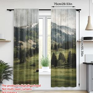 TEMU 2패널 알파인 메도우 뷰 프린트 도어 커튼 - 100% 폴리에스터 반투명 로드 포켓 커튼, 2D 평면 풍경 디자인, 침실/주방/거실 홈 데코, 자연 영감 장식, 세탁 가능, 현대적 스타일, 내구성 있는 창문 커버, 자연을 사랑하는 이들을 위한 장식용 창문 패널