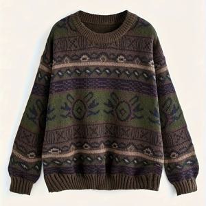 TEMU 여성용 레트로 기하학 컬러블록 스웨터 - 라운드넥, 루즈핏 & 우산형 밑단, 가을/겨울 캐주얼 웨어 소프트 긴팔 풀오버, 어스톤