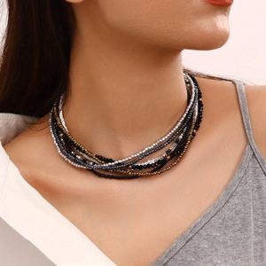 TEMU 7개, 여성용 패션 초커 목걸이, 빈티지 스타일 블랙 & 브라운 비즈 레이어드 넥 체인, 여름 캐주얼 휴가용 컬러풀 멀티스트랜드 칼라본 체인, 유리 소재, 여름 파티 여행 쌀 목걸이