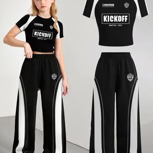 TEMU 여아용 트렌디 의류, 10~12세 여아용 의상, 여아용 팝 패션, Y2K 스트리트 스타일, 레터 프린트 세트, 여아용 니트 숫자 긴팔 티셔츠, 스포티 와이드 레그 팬츠 세트, 여름 의류, 야외용