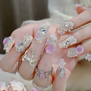 TEMU 24개 (10개 수제), 여름 신상 럭셔리 패션 반짝이는 꽃 장식 중장형 발레 스타일 탈착 가능 네일. 여행 사진 촬영, 파티, 가면무도회, 모임, 홈네일 아트 및 네일 살롱에 적합한 여성용